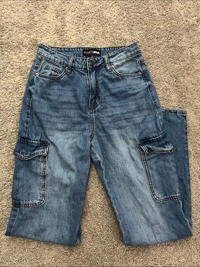 Fashion Nova Washed Blue Cargo Relaxed Jeans